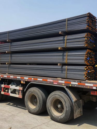 A large flatbed delivery truck being loaded with neat heavy bundles of steel rebar in a bright outdoor materials yard, daylight, industrial photography, 50mm
