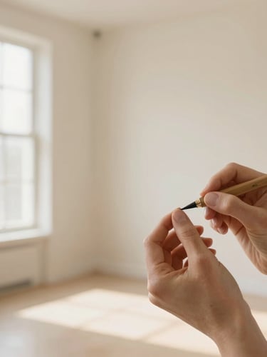 Wide environmental shot of a clean, sunlit Nampa studio interior, focusing on an artist's hands meticulously painting a nail, soft natural window light, warm cream tones, shallow depth of field.
