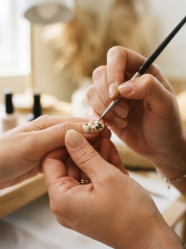 Macro close-up of a nail artist's hands meticulously applying a delicate, hand-painted design onto a client's nail, soft natural window light illuminating the precise work, sunlit Nampa studio in the background, warm cream tones, shallow depth of field, 35mm