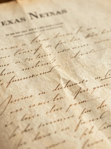 Extreme close-up of a weathered historical Texas land deed from the late nineteenth century, elegant cursive ink on yellowed parchment, warm natural side-light.