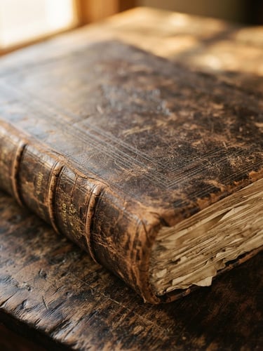 A close-up of a weathered 19th-century leather ledger resting on a rustic wooden table, warm golden-hour light filtering through a window, rich tobacco and cream tones.