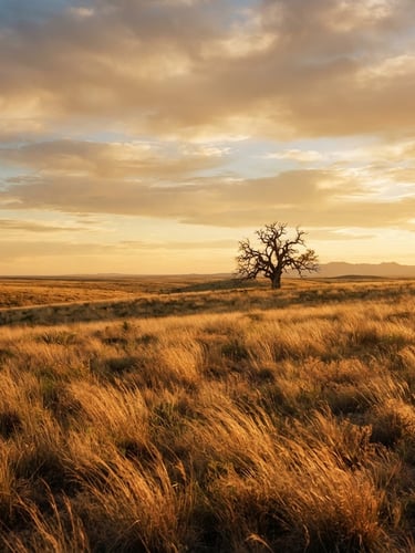 Wide panoramic view of the Texas landscape near Houston at golden hour, native grasses and a weathered oak tree beneath an open sky.