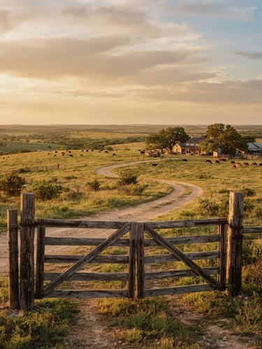 Wide environmental landscape of a historic Texas ranch at golden hour, weathered wooden ranch gates in the foreground, expansive soft sky, warm tobacco tones.