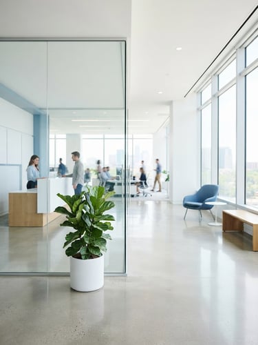 Bright high-key photography of a sunlit modern office lobby with spotless glass partitions, soft natural window light reflecting on polished concrete floors, crisp clean whites and soft blues, shallow depth of field.