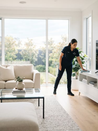 Bright high-key interior photography of a modern, immaculate living room with natural window light streaming in, a professional cleaner in a neat blue uniform working with quiet focus in the background, shallow depth of field.