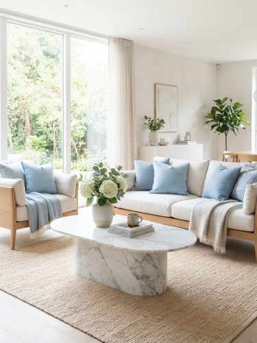 Bright sunlit modern living room with pristine marble coffee table, soft blue cushions, natural light streaming through large windows, high-key interior photography