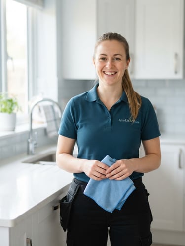 Bright natural daylight portrait of a professional cleaner in a spotless modern kitchen, smiling warmly, holding a clean microfiber cloth, soft blue background