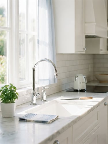 Bright high-key interior photography of a spotless modern kitchen with sunlight streaming through a window, reflecting off polished chrome fixtures.