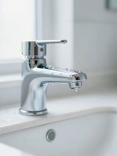 Close-up of a sparkling clean chrome tap with water droplets, bright sunlit white marble bathroom counter, soft natural light, shallow depth of field, crisp clean whites and soft blues