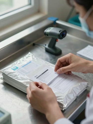 Close-up overhead view of a hospital logistics area, hands sorting labeled supply packages on a steel sorting table, barcode scanner resting nearby, task lighting overhead with soft daylight from a side window, shallow depth of field isolating the hands and packaging labels