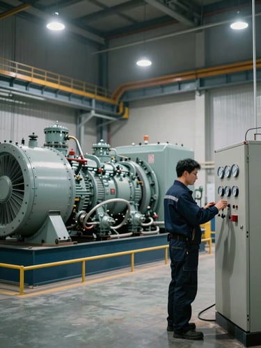 Environmental wide shot inside an industrial power generator room — large generator units in the background, a technician in work uniform checking gauges on a control panel in the right foreground, functional overhead task lighting, no posed elements