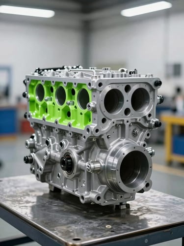 A pristine refurbished engine block positioned on a clean metal pallet, sharp focus on mechanical details, bright high-contrast industrial lighting with subtle neon green reflections, 35mm lens