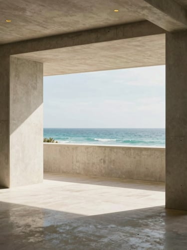 Warm editorial photography of a modern, sun-drenched architectural interior in Sunny Isles Beach, clean concrete lines, soft ocean light reflecting on polished surfaces, 35mm.