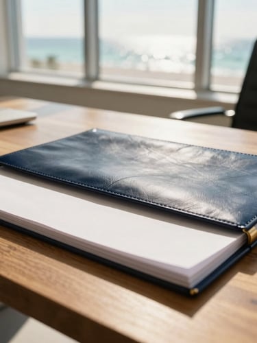 Close-up of high-quality leather and heavy paper on a solid oak desk inside a sun-drenched modern office in Sunny Isles, soft window light, warm golden-hour tones, 35mm