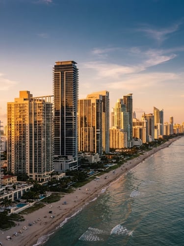 An architectural wide shot of Sunny Isles Beach skyline against a soft golden-hour sky, sun-drenched modern coastal high-rises, elegant editorial feel, shallow depth of field, 35mm