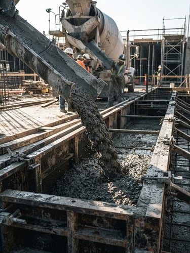 Low-angle shot of wet concrete flowing from a chute into steel formwork, bright morning sunlight casting long shadows, raw gray tones, high-contrast industrial photography, 35mm lens