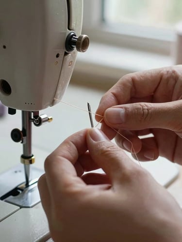 Macro photographic shot of artisan hands threading a vintage sewing machine needle, soft natural daylight filtering through an atelier window, focus on the texture of the metallic needle and the fine champagne-colored thread.