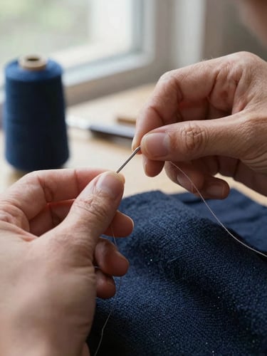 Extreme close-up of artisan hands threading a needle with fine silk thread over a dark navy wool fabric, soft natural daylight from an atelier window