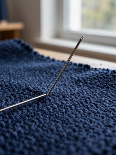 Extreme close-up of a silver needle threading through heavy navy wool fabric, soft natural daylight from an atelier window, highlighting the rich textile texture.