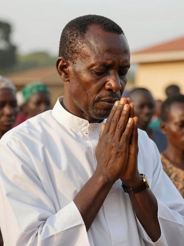 Candid portrait of Pastor Titus praying with community members in Kampala, warm golden hour sunlight, natural outdoor setting.