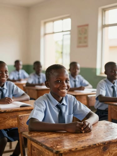 Candid medium shot of smiling Ugandan children in clean school uniforms sitting at wooden desks, warm morning light streaming through open classroom windows.