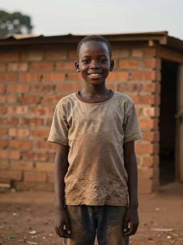 A medium environmental portrait of a smiling young boy standing proudly outside a clean, brick shelter in Kampala, soft evening light.