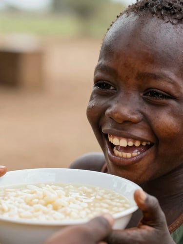 A close-up photograph of a young Ugandan child laughing while receiving a warm bowl of porridge, natural outdoor daylight, shallow depth of field.