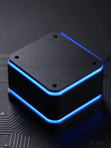 Macro close-up of a matte-black liquid-cooled CPU block with sharp electric blue rim lighting, technical circuit traces visible in the dark background.