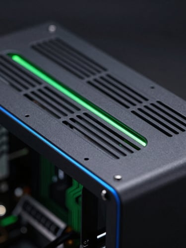 Macro close-up of sleek matte-black computer chassis ventilation grilles and internal circuitry illuminated by sharp cyber-green rim lights