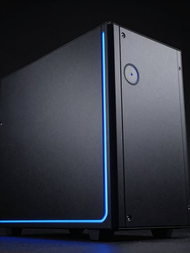 Low-angle heroic shot of a sleek matte-black computer workstation chassis under moody studio lighting with sharp electric blue rim lights, high-contrast matte textures