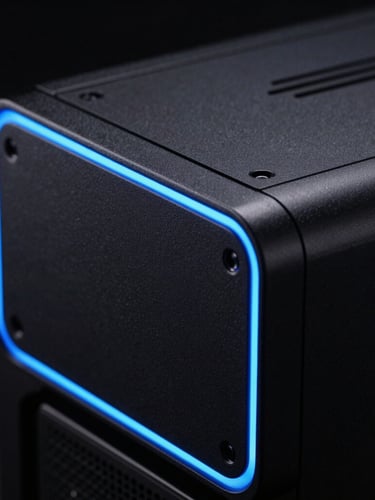 Macro close-up of sleek matte-black computer chassis with sharp neon blue rim lighting, high-contrast dark studio background, technical hardware aesthetic