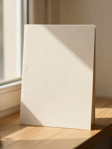 Warm editorial photography, soft golden-hour window light, muted amber and cream tones, shallow depth of field, 35mm. Textured paper mockups and natural wood surfaces, soft shadows cast by leaves.