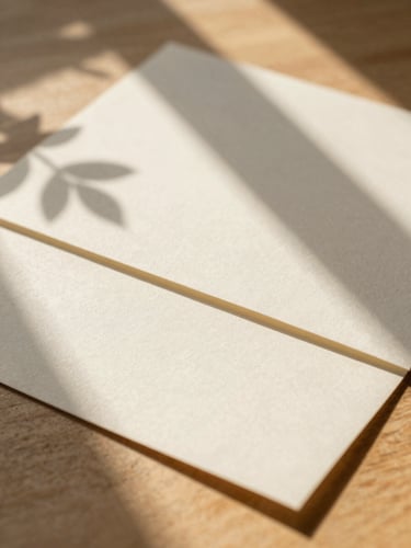 Close-up of textured handmade paper mockups on a warm wooden surface, soft leaf shadows, golden-hour window light