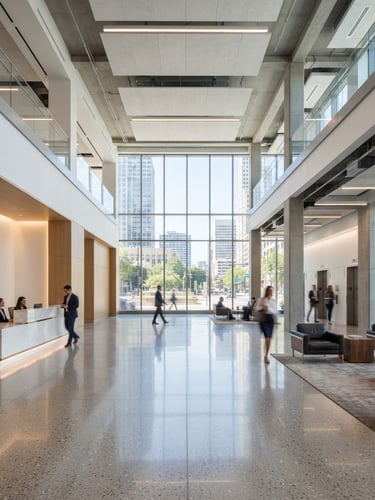 Wide shot of a clean, modern commercial building lobby with high ceilings and polished floors, bright daylight, professional architectural photography, 24mm wide-angle lens.