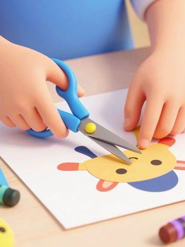 Close-up, eye-level shot of a child's hands carefully cutting out a paper craft template with child-safe scissors, colorful paper and crayons on a clean tabletop, bright, cheerful studio lighting, soft shadows, vibrant 3D digital illustration.