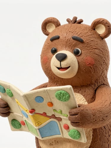 Barnaby the Bear, a cheerful 3D animated character, holding a large, colorful map, smiling, bright soft lighting, clean claymation aesthetic