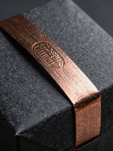 Cinematic macro shot of premium textured cardboard packaging, deep charcoal paper with embossed copper foil detailing, soft dramatic studio lighting with sharp highlights