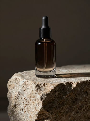 Close-up of a dark glass cosmetic bottle on a raw stone pedestal, dramatic side lighting, rich shadows, high-end editorial look