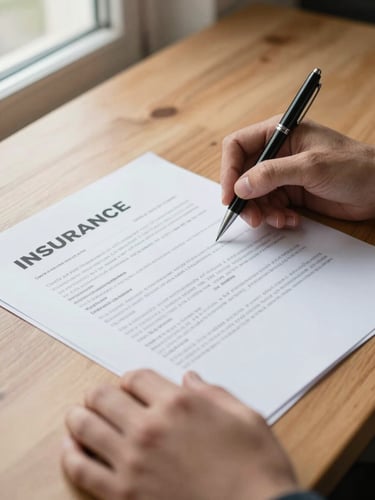 Close-up of hands reviewing a printed insurance contract on a wooden desk, soft diffused window light from the left, documents slightly overlapping, pen in hand mid-review