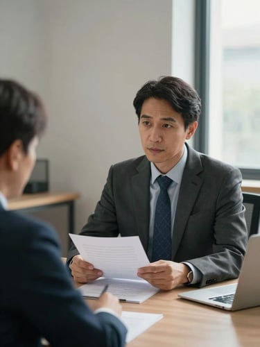 Medium shot of an adviser in a professional conversation with a client across a desk, window light falling from the right side, both looking at a document between them, quiet institutional office setting, no eye contact with camera