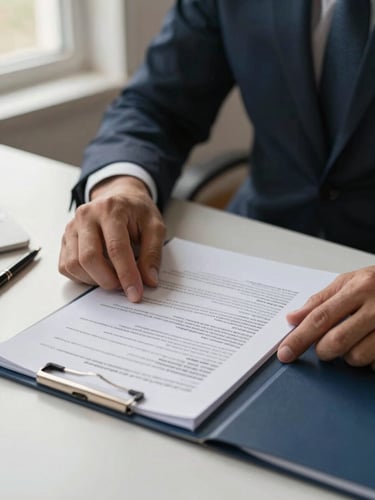 Close-up of a professional adviser's hands turning the pages of a policy document on a clean desk, soft window light from the left, warm indoor ambient glow, a pen resting nearby, muted navy folder visible at the edge of frame