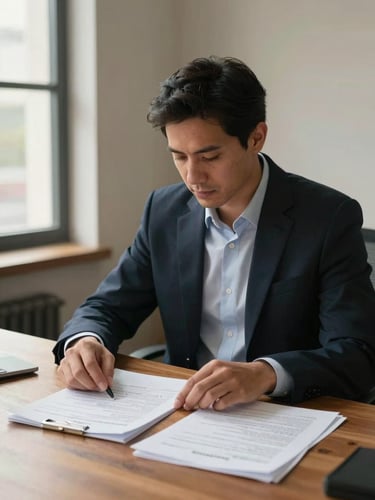 Medium shot of a financial adviser in a quiet office, seated at a wooden desk reviewing printed documents under soft daylight from a side window, hands resting on papers, neutral professional expression, warm ambient indoor light, shallow depth of field on the documents