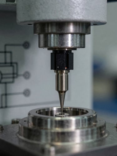 Close-up of industrial testing equipment probes touching a metallic component, sharp focus, technical schematic lines in background, high-contrast technical lighting