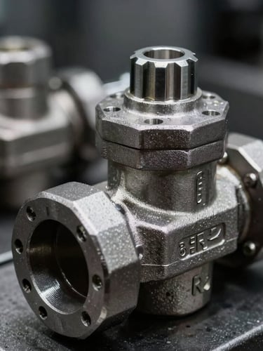 Sharp industrial photography, macro shot of a steel hydraulic valve with visible engraved part numbers, high-contrast lighting, 35mm