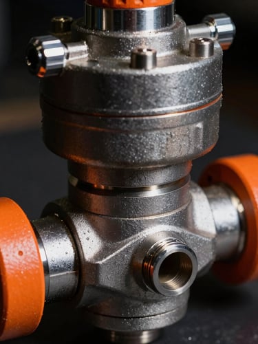 Macro close-up of an industrial pneumatic actuator valve, high-contrast dramatic lighting, metallic steel tones with safety orange accents, 35mm