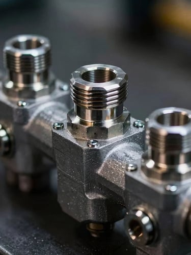 Macro shot of a heavy-duty hydraulic manifold block with steel fittings, high-contrast industrial lighting, cool metallic reflections, shallow depth of field