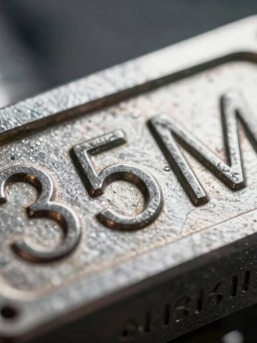 Macro close-up of a metallic machinery serial nameplate with stamped part numbers, dramatic industrial lighting, 35mm