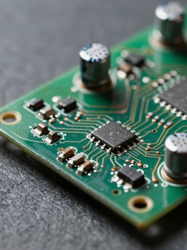Macro shot of a dusty vintage green circuit board with copper traces and capacitors, sharp industrial photography, high-contrast dramatic lighting, slate gray tones, 35mm