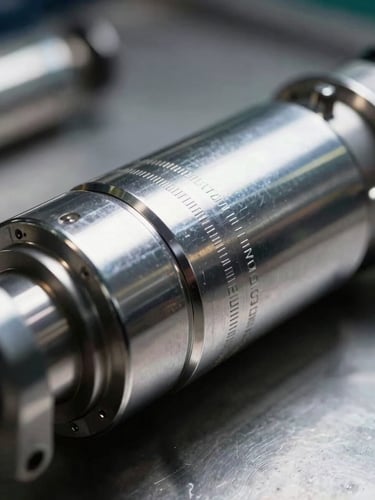 Crisp macro photograph of a high-pressure pneumatic actuator cylinder, steel and chrome surfaces, technical markings visible, dramatic side lighting