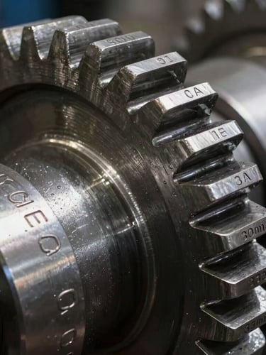 sharp industrial photography, macro close-up of a massive steel gear with visible part numbers stamped on the collar, dramatic high-contrast lighting, metallic steel tones, macro depth of field, 35mm